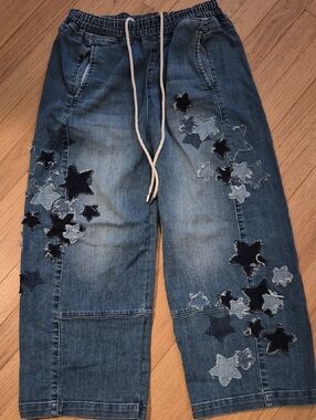 Pilcro Blue Elastic Waist Denim Pants with Star Detail